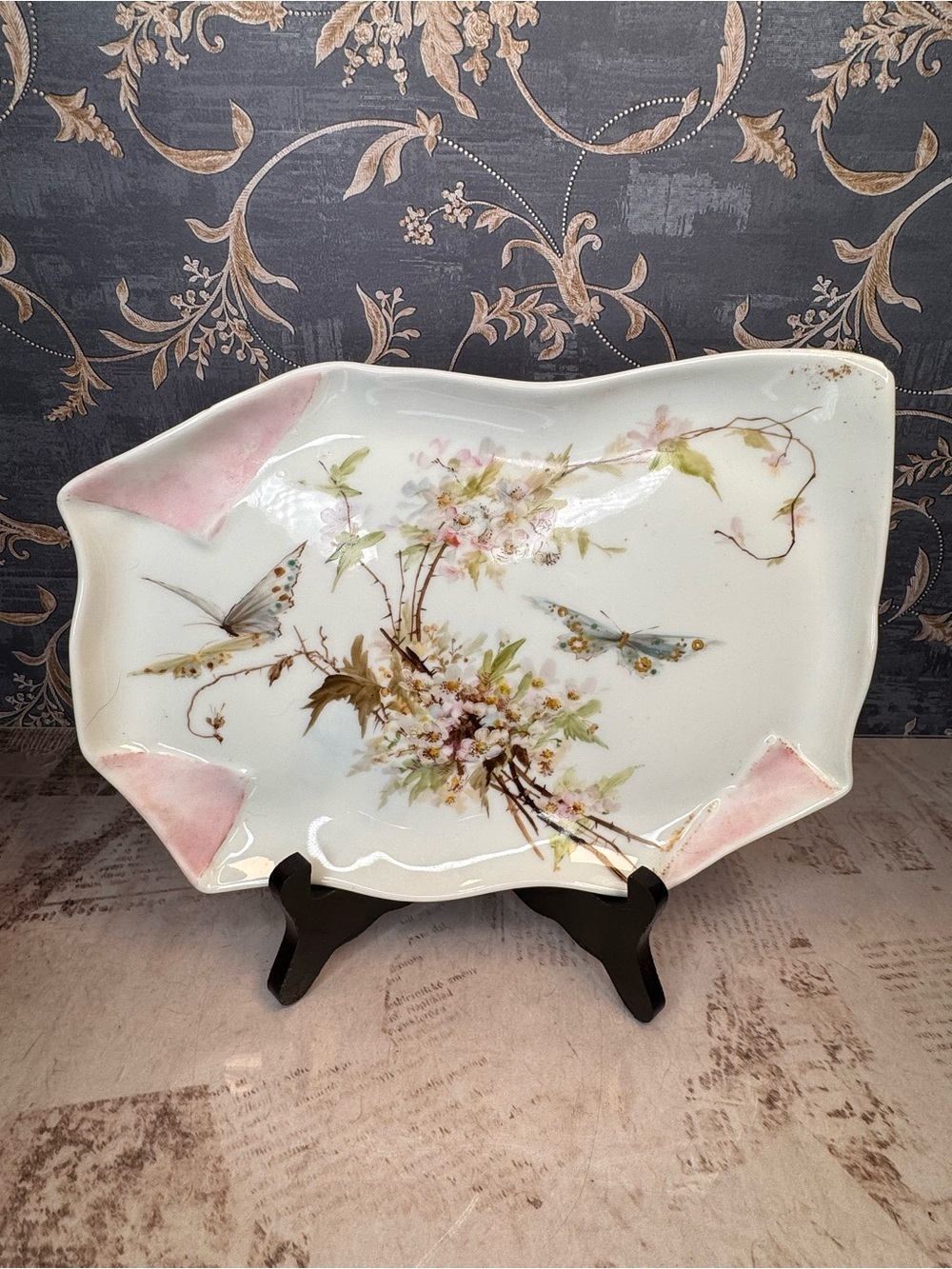 Antique T&V Limoges Butterfly Floral Pink Porcelain Tray Platter France